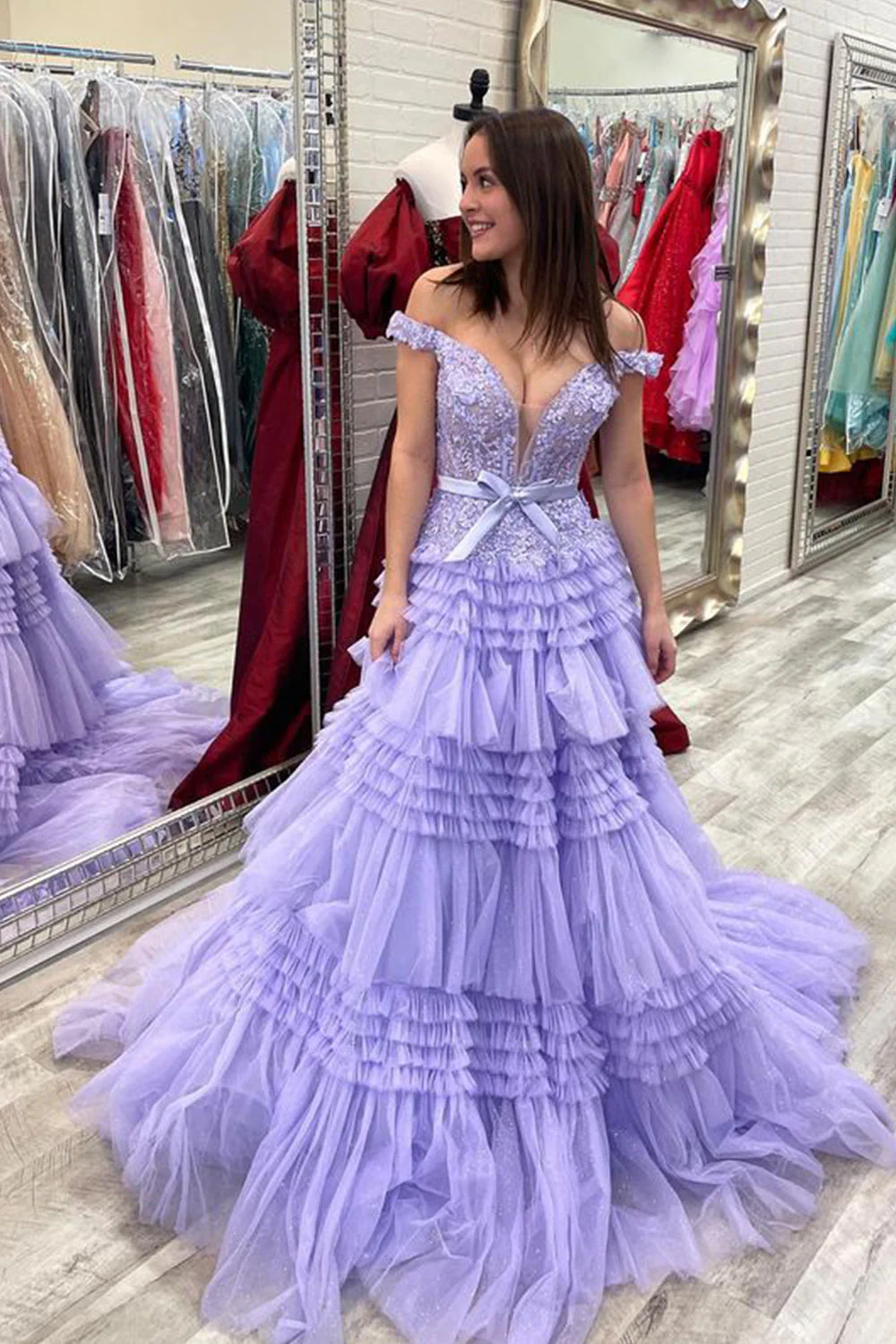 Princess A Line Off the Shoulder Lilac Long Prom Dress with Ruffles - Image 2