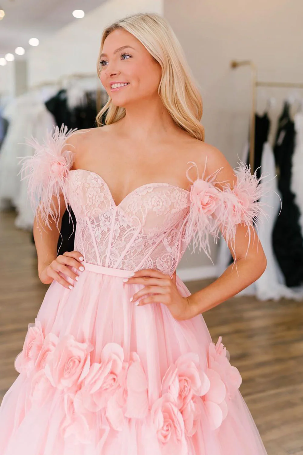 PRINCESS A-LINE OFF THE SHOULDER LACE TULLE PROM DRESS - Image 4