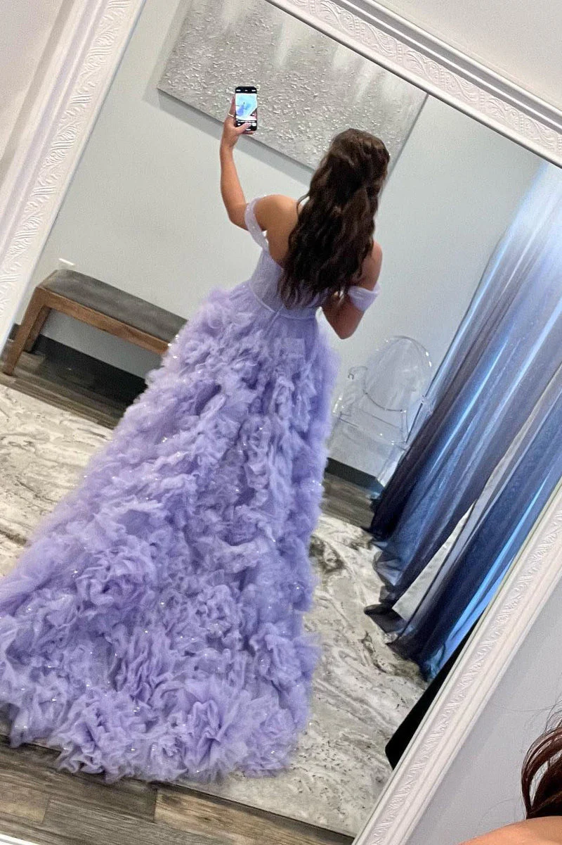 A Line Off the Shoulder Ruffled Tulle Prom Dress with Slit - Image 14