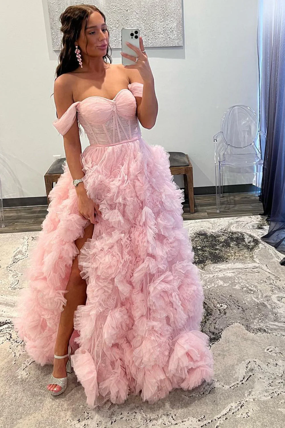 A Line Off the Shoulder Ruffled Tulle Prom Dress with Slit - Image 5
