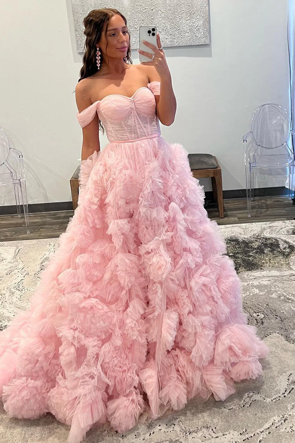A Line Off the Shoulder Ruffled Tulle Prom Dress with Slit - Image 6