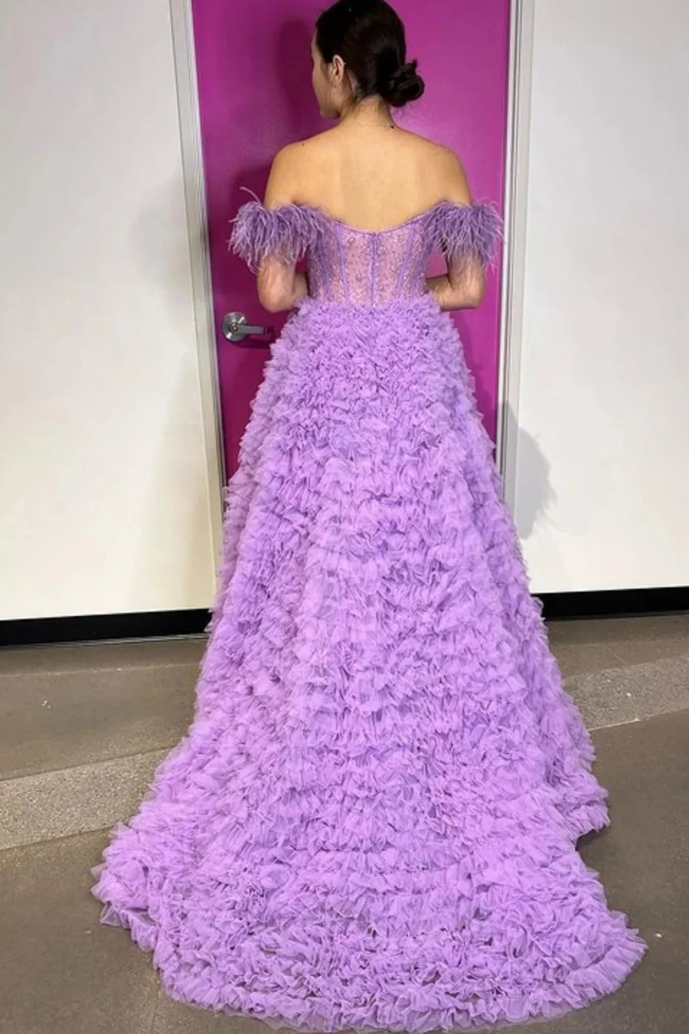 Princess A Line Off the Shoulder Purple Long Prom Dress with Feather - Image 2