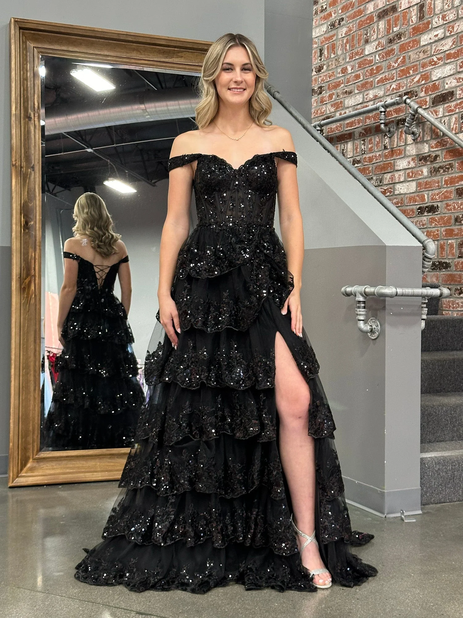 A Line Off the Shoulder Corset Prom Dress with Lace Ruffles - Image 19