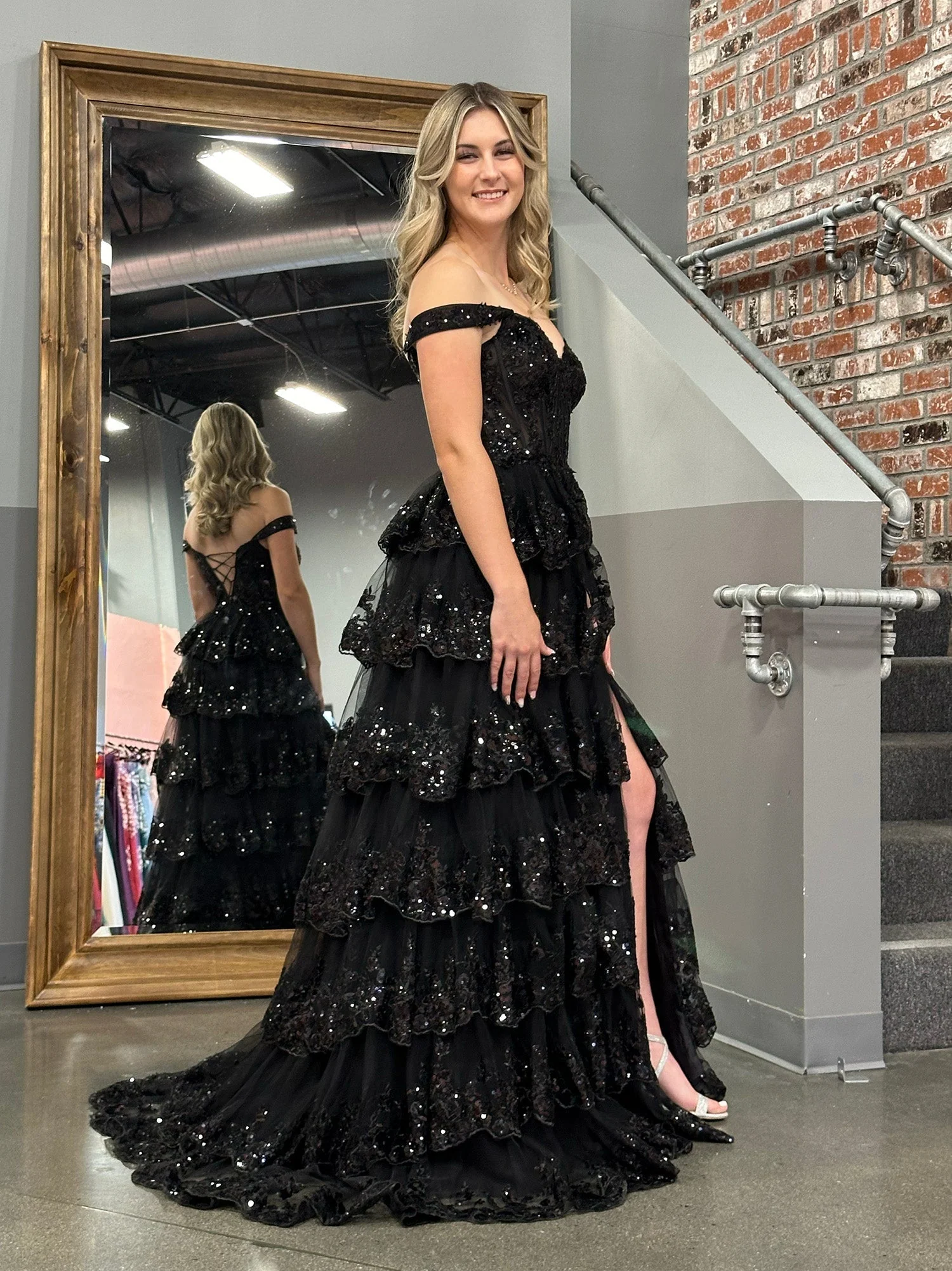 A Line Off the Shoulder Corset Prom Dress with Lace Ruffles - Image 21