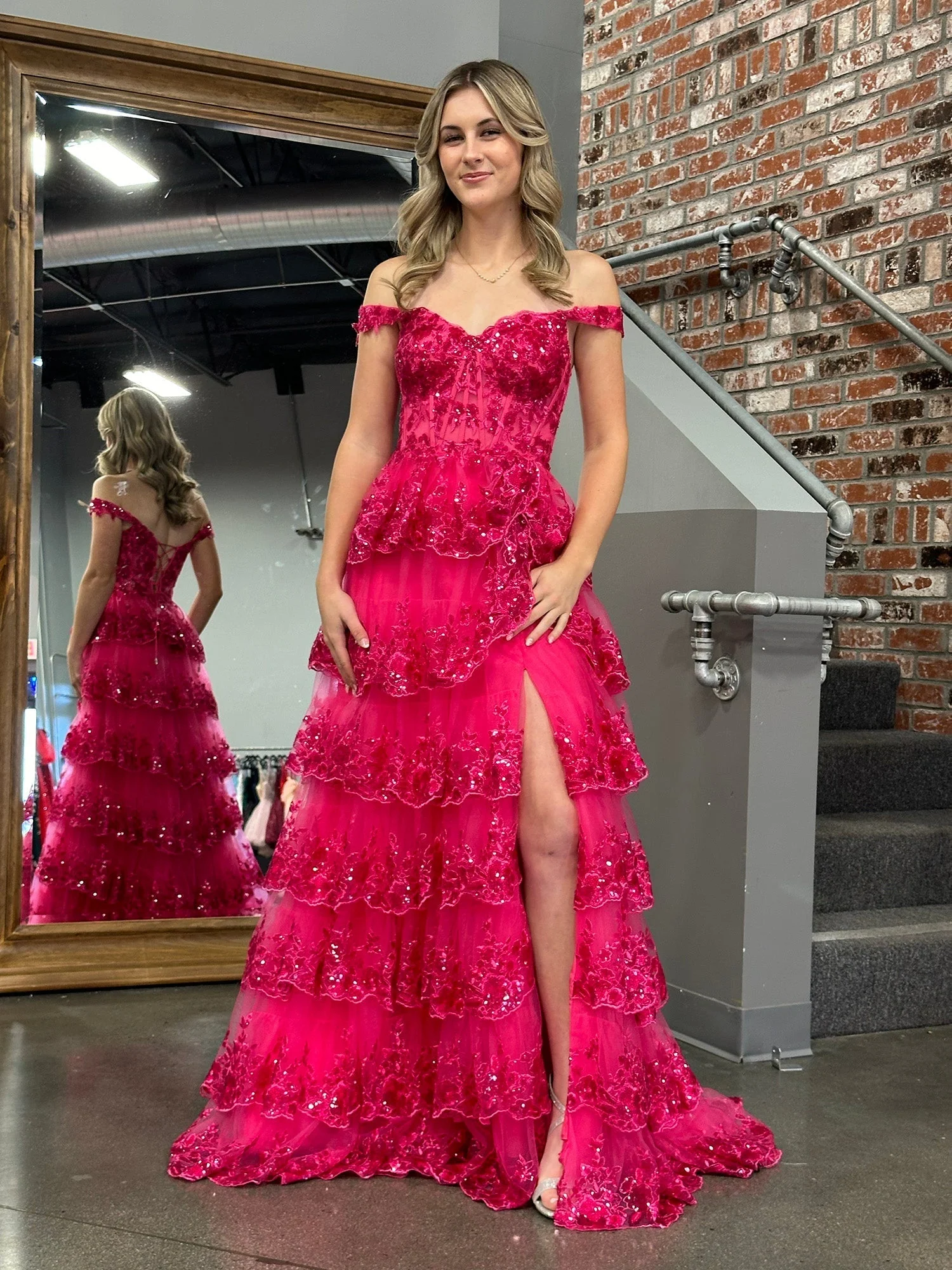 A Line Off the Shoulder Corset Prom Dress with Lace Ruffles - Image 24