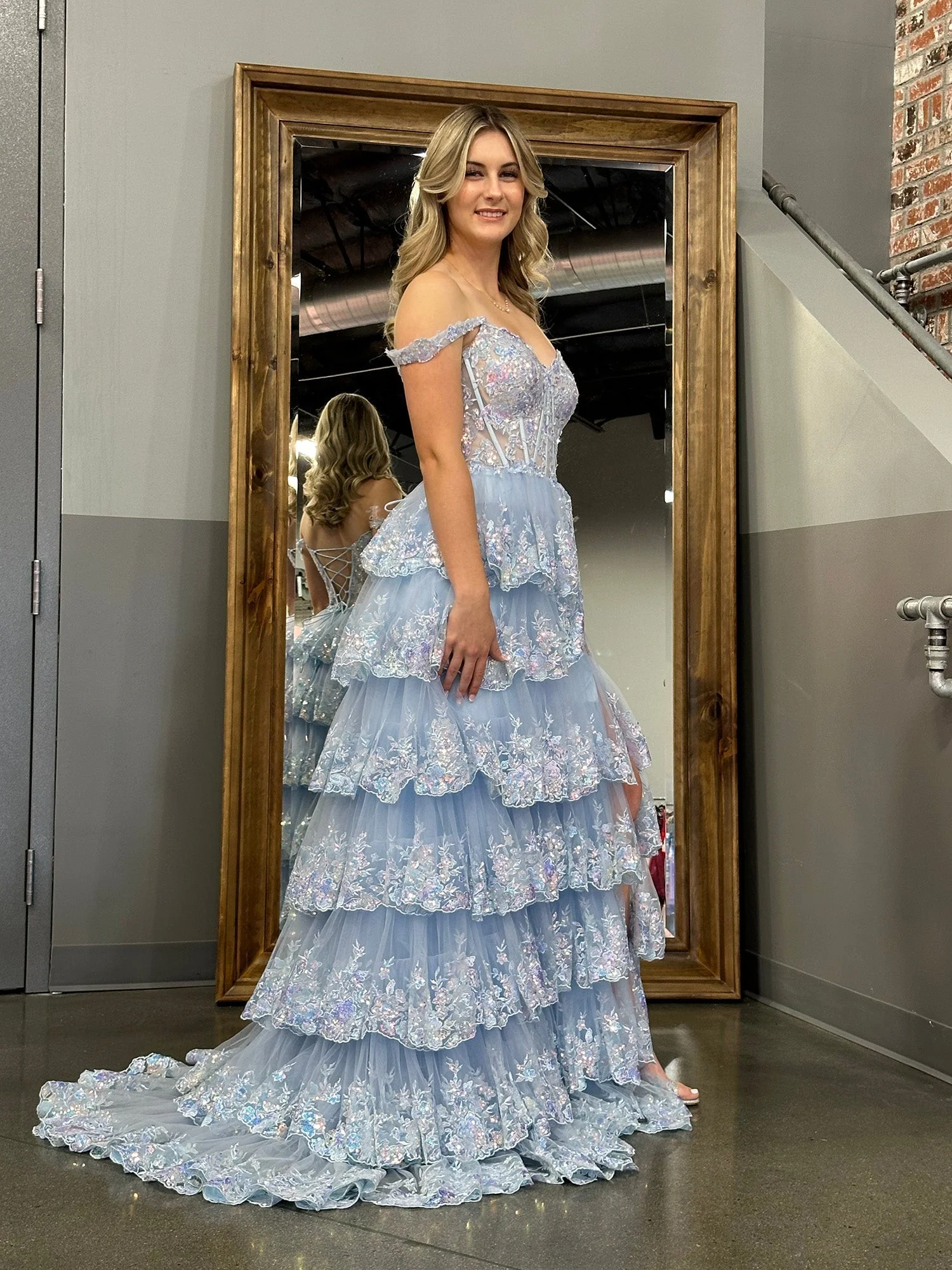 A Line Off the Shoulder Corset Prom Dress with Lace Ruffles - Image 29