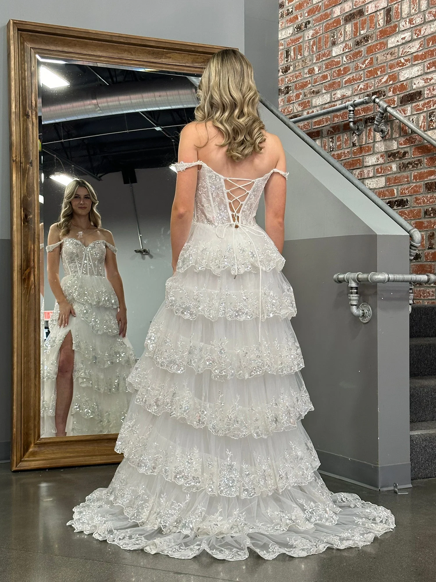 A Line Off the Shoulder Corset Prom Dress with Lace Ruffles - Image 35