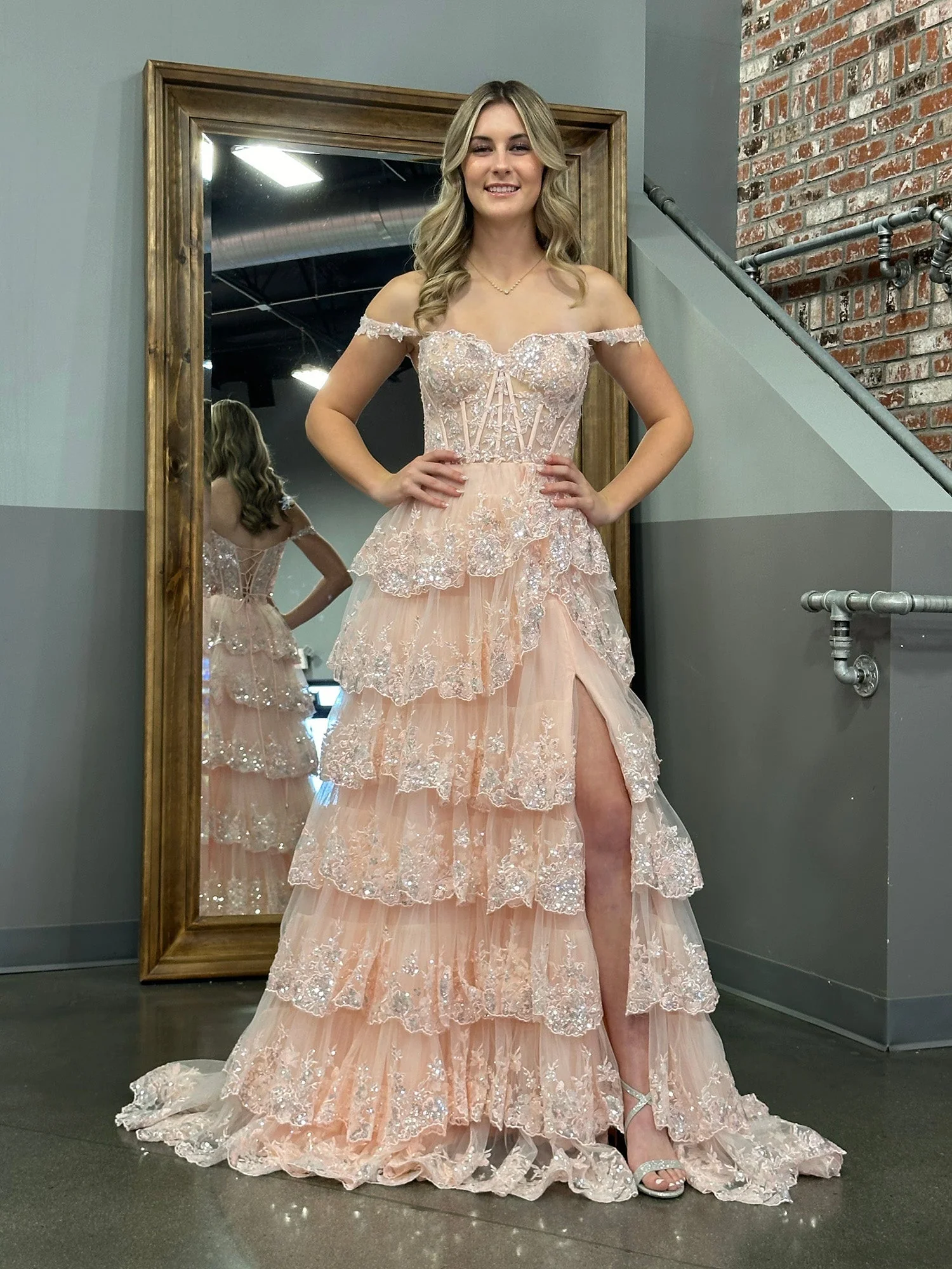 A Line Off the Shoulder Corset Prom Dress with Lace Ruffles - Image 39