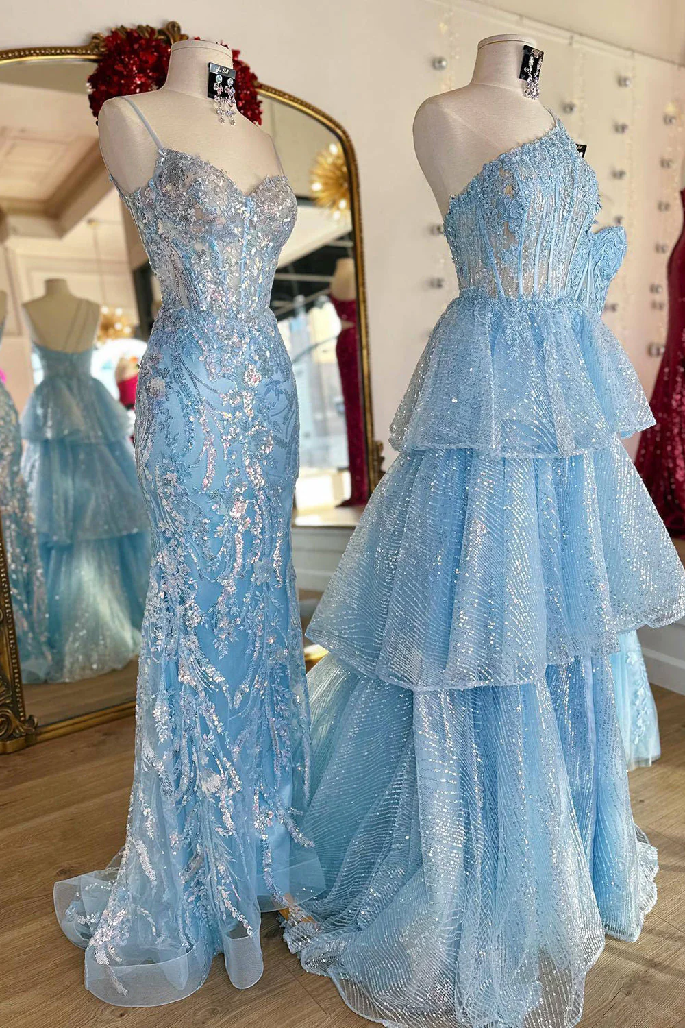 Princess A Line One Shoulder Blue Corset Prom Dress with Ruffles - Image 3