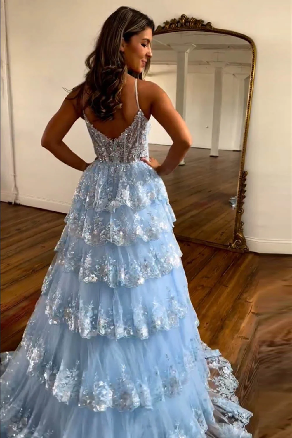 Princess A Line Spaghetti Straps Blue Corset Prom Dress with Lace Ruffles - Image 2