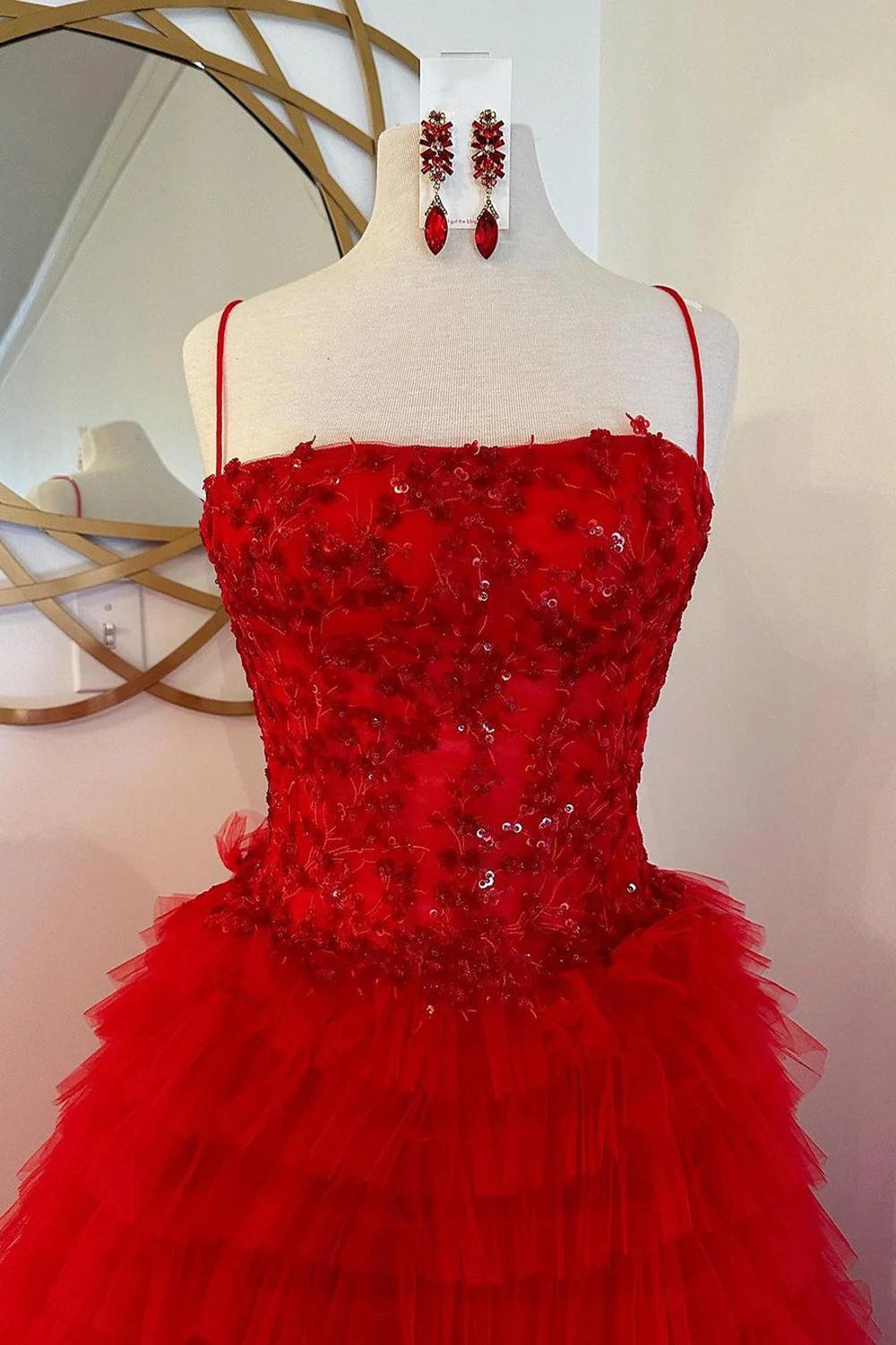 Princess A Line Spaghetti Straps Red Long Prom Dress with Ruffles Appliques - Image 2