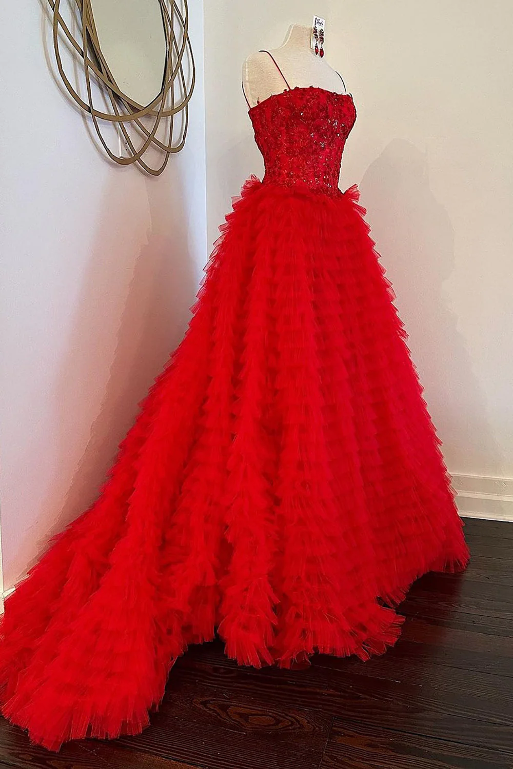 Princess A Line Spaghetti Straps Red Long Prom Dress with Ruffles Appliques - Image 3