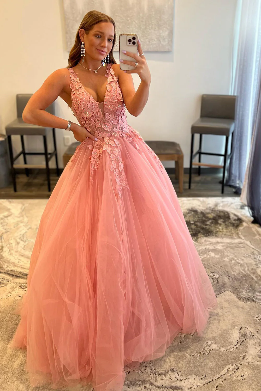 Princess A Line V Neck Orange Long Prom Dress with Appliques - Image 10