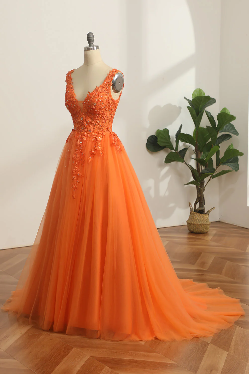 Princess A Line V Neck Orange Long Prom Dress with Appliques - Image 3