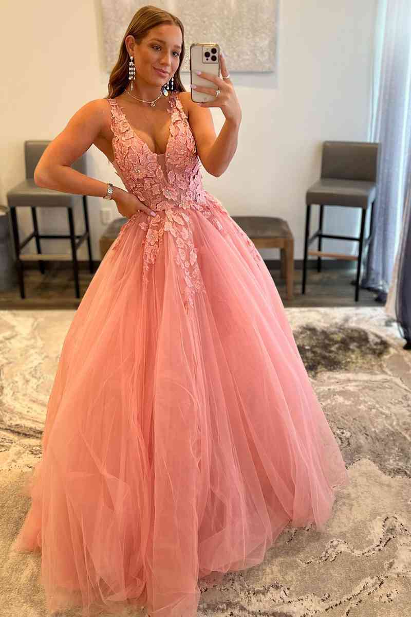 A-Line V-Neck Long Tulle Prom Dress with Appliques - Image 4