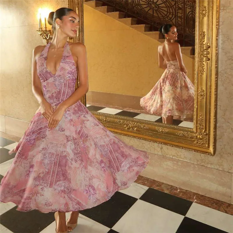 Print Pleated A-line Vacation Dress - Image 3