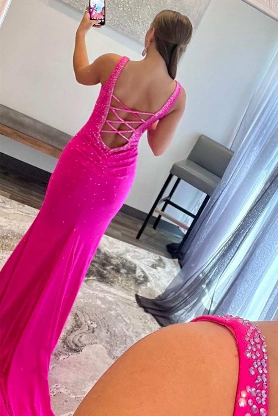 Elle |Mermaid V-Neck Beaded Satin Prom Dress with Cross Back - Image 3