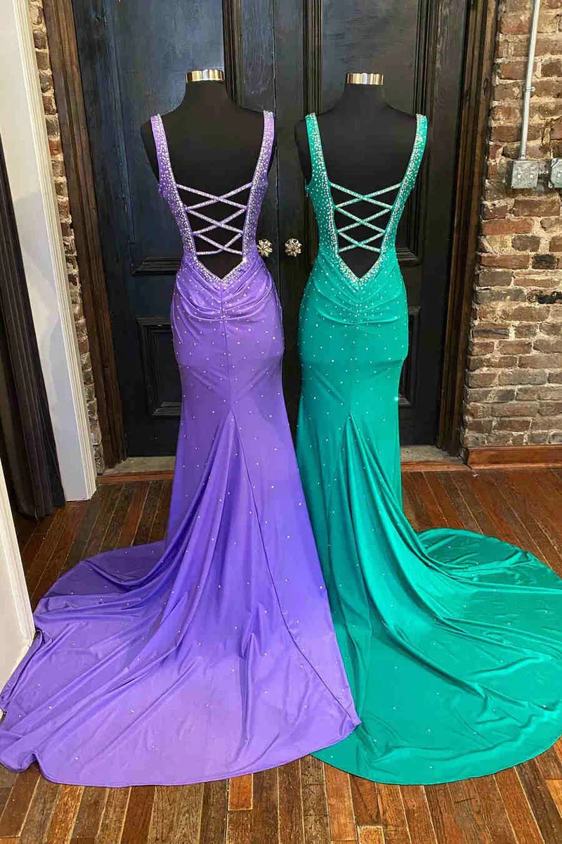 Elle |Mermaid V-Neck Beaded Satin Prom Dress with Cross Back - Image 9