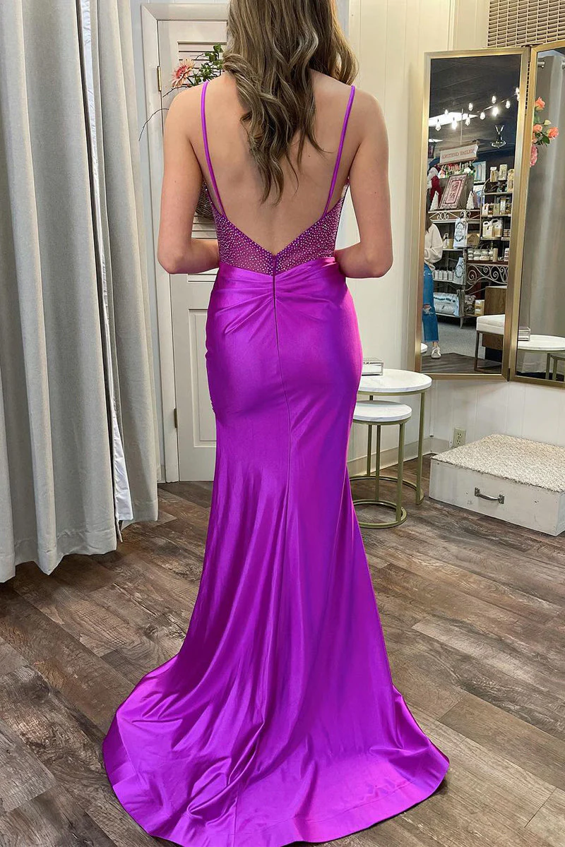 Purple Sweetheart Satin Mermaid Long Prom Dresses with Slit - Image 2