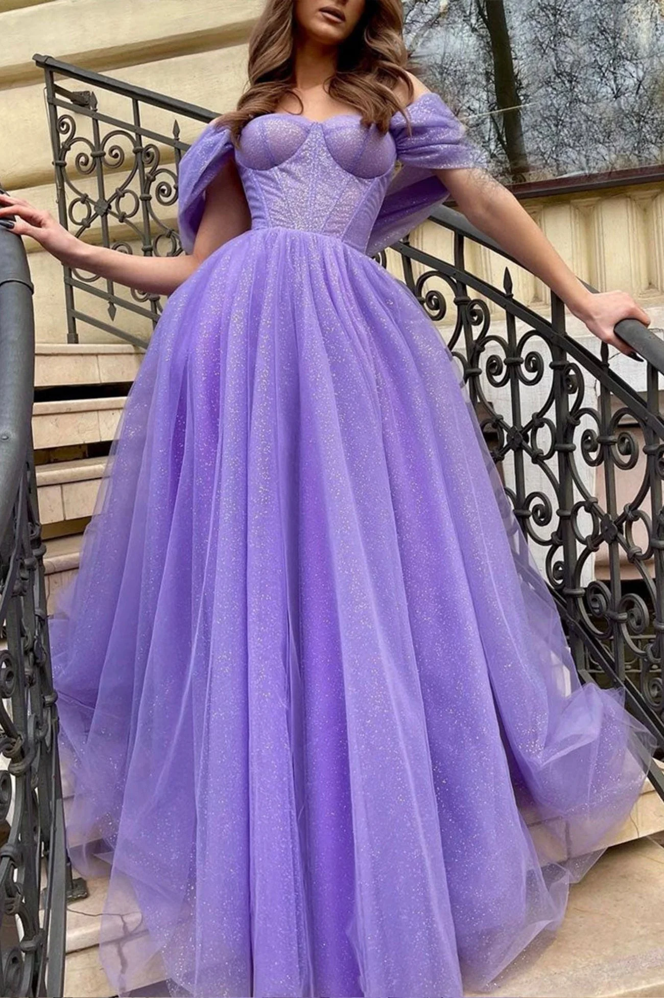 Tulle Long A-Line Prom Dress Off the Shoulder Evening Party Dress - Image 2