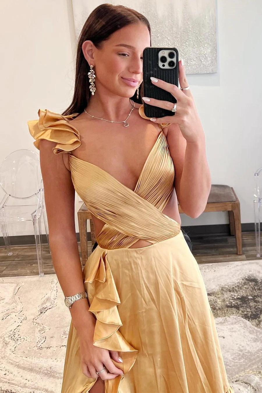Cutout Ruffle A-Line Long Prom Dress with Slit - Image 13