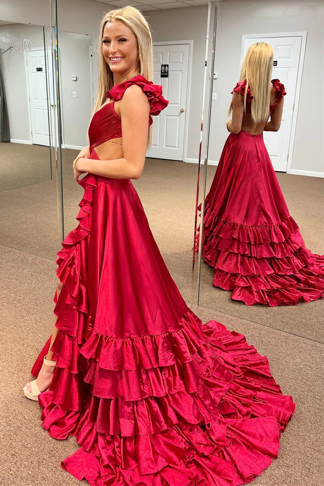 Cutout Ruffle A-Line Long Prom Dress with Slit - Image 4