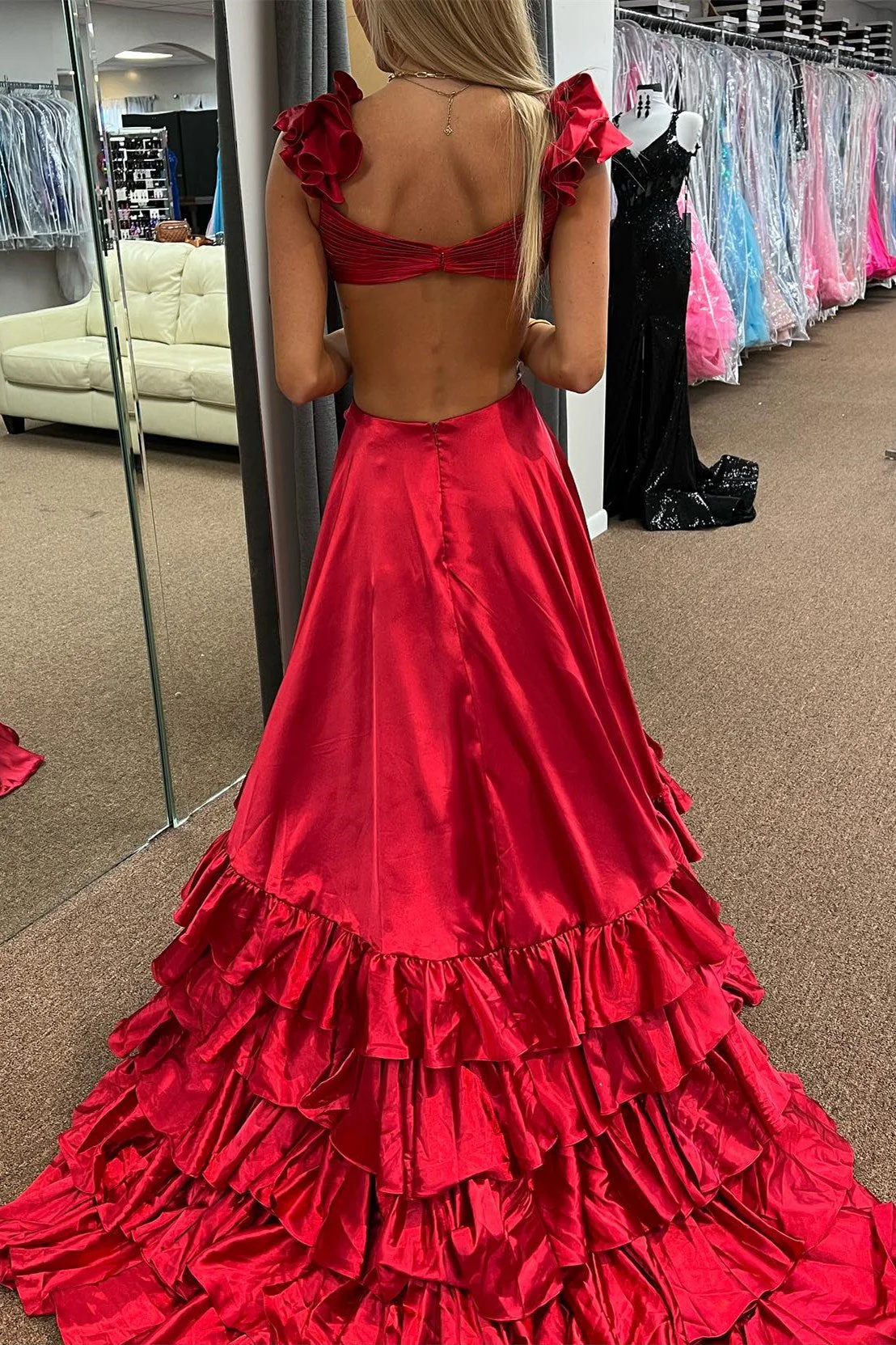 Cutout Ruffle A-Line Long Prom Dress with Slit - Image 5