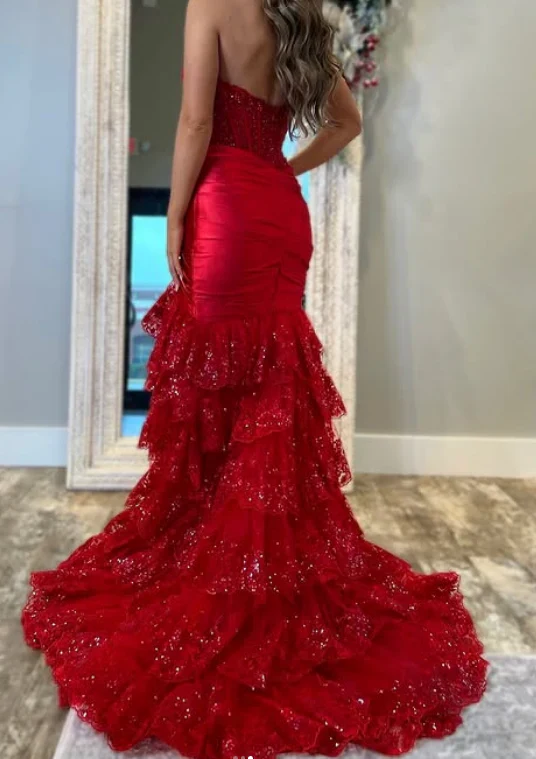Red Mermaid Long Prom Dress with Ruffle Skirt - Image 2
