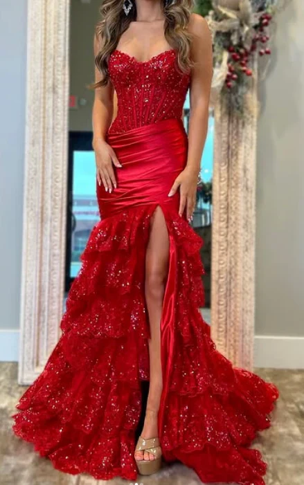 Red Mermaid Long Prom Dress with Ruffle Skirt - Image 3