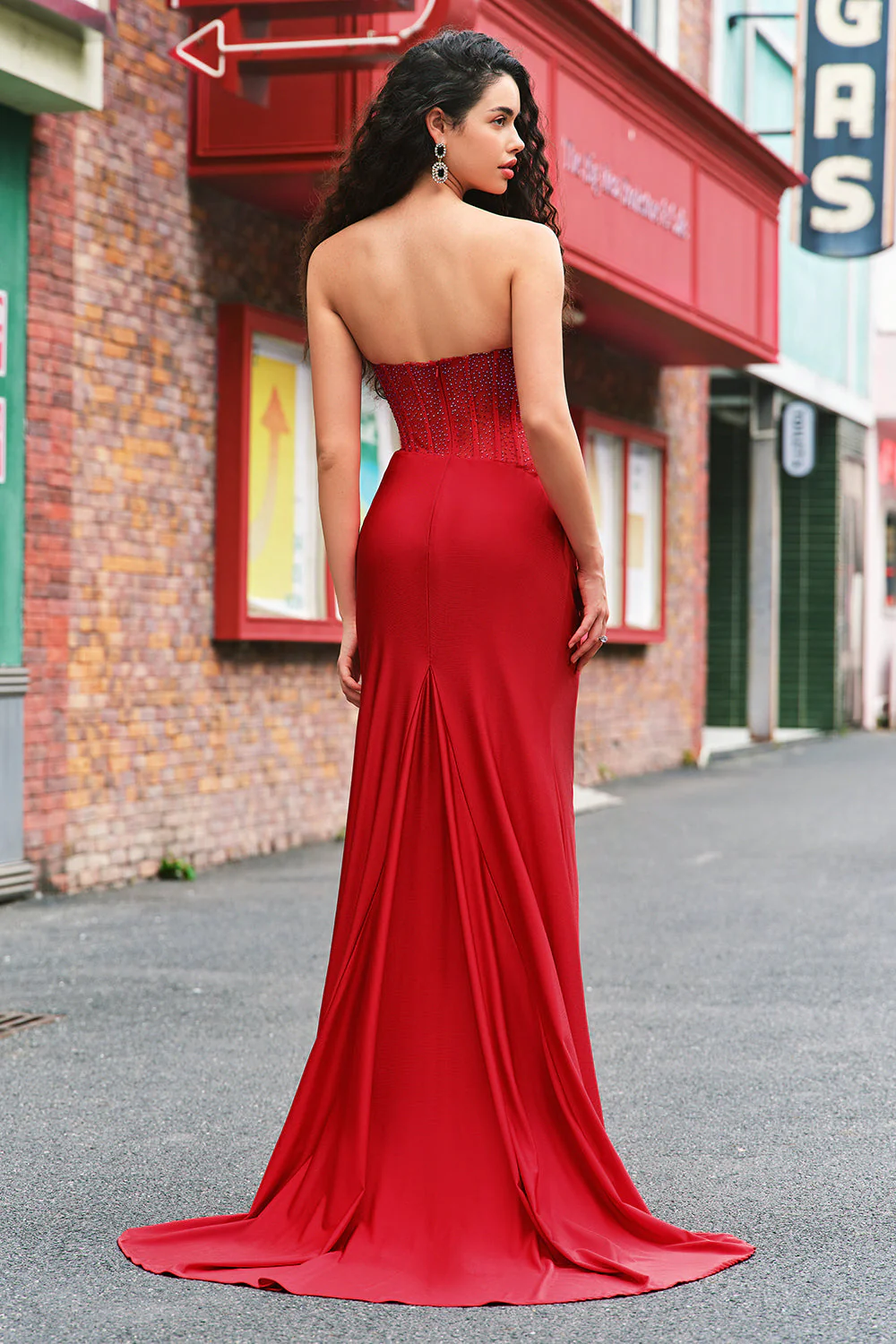 Mermaid Strapless Satin Long Corset Prom Dress with Beading - Image 2