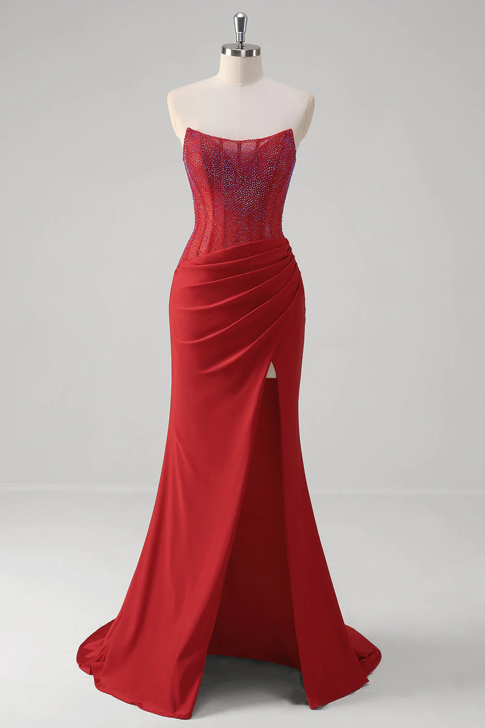 Mermaid Strapless Satin Long Corset Prom Dress with Beading - Image 6
