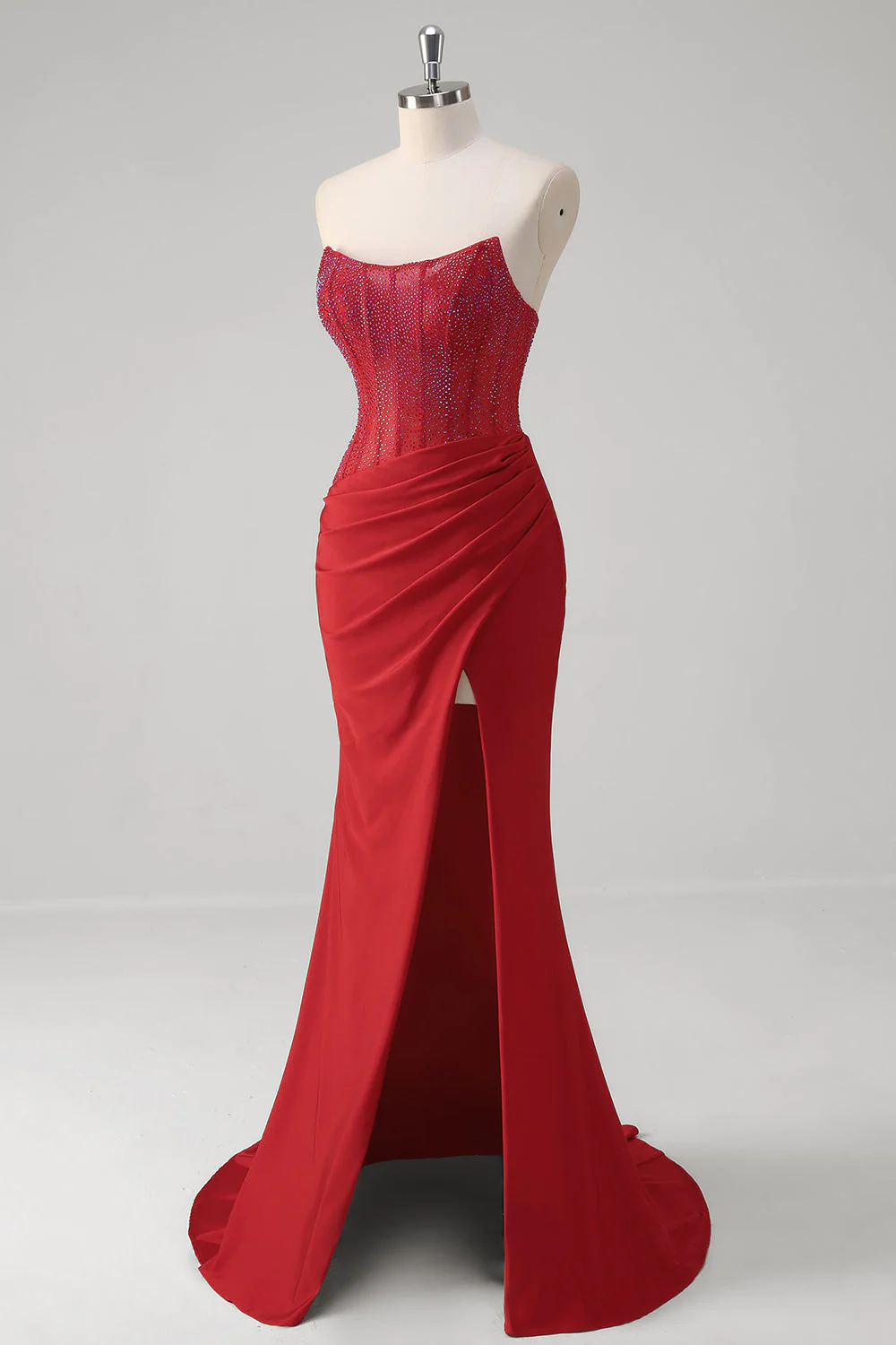Mermaid Strapless Satin Long Corset Prom Dress with Beading - Image 8