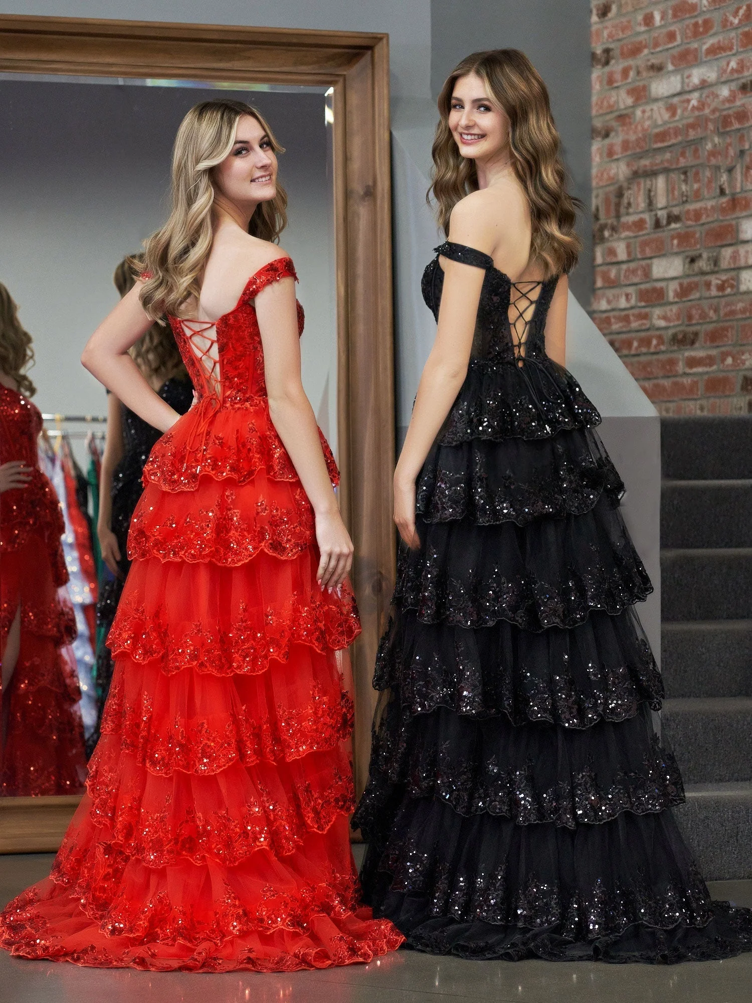 A Line Off the Shoulder Corset Prom Dress with Lace Ruffles - Image 2
