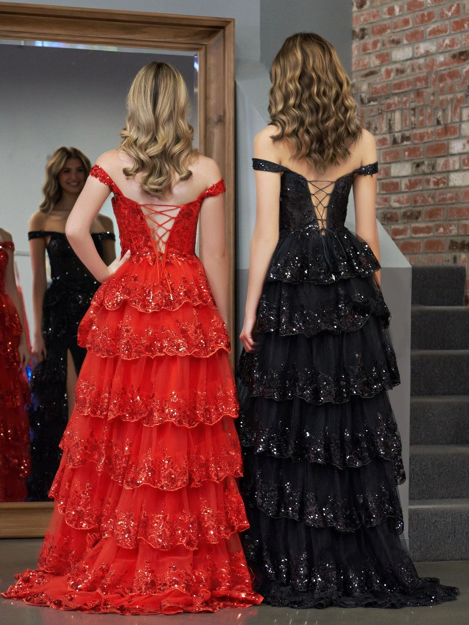 A Line Off the Shoulder Corset Prom Dress with Lace Ruffles - Image 3