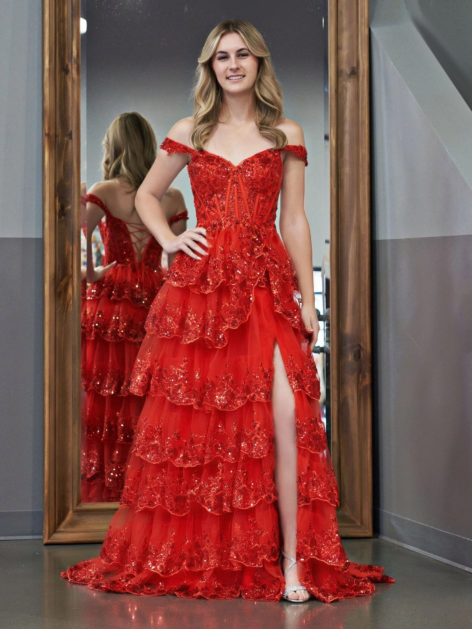 A Line Off the Shoulder Corset Prom Dress with Lace Ruffles - Image 4