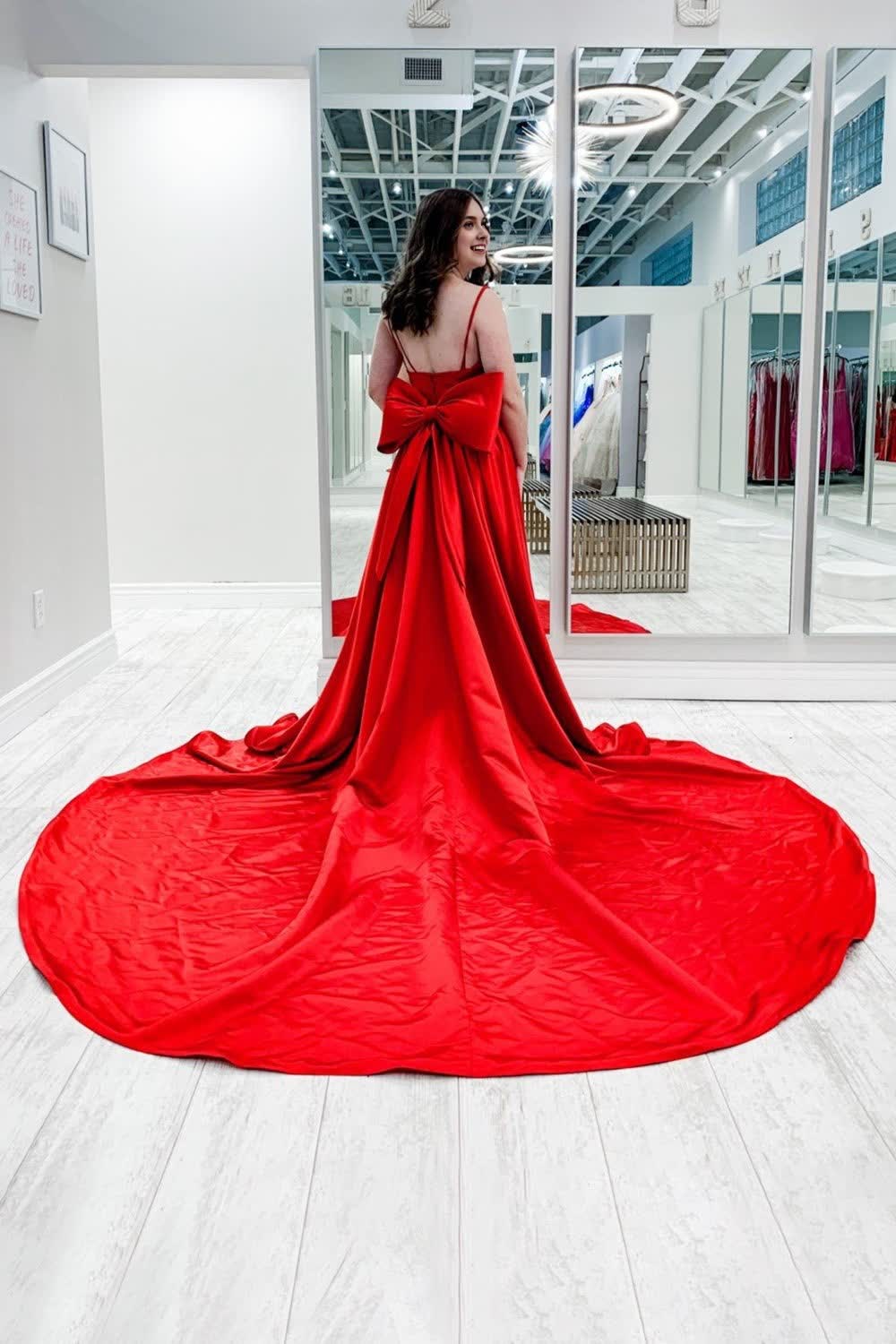 Red Satin Spaghetti Straps Prom Dress with Bow - Image 2