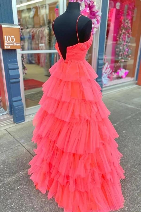 Red Tulle A-line V-neck Layers Long Prom Dresses, Evening Dresses, MP951 - Image 3
