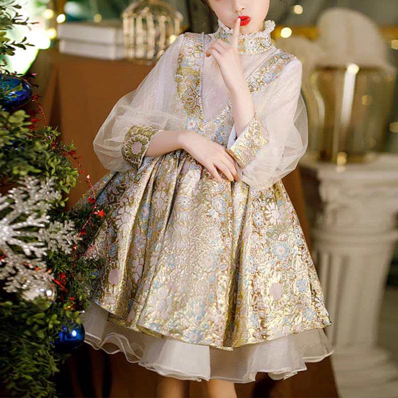 Flower Girl Dress Toddler Communion Retro Flower Puffy Princess Birthday Party Dress - Image 2