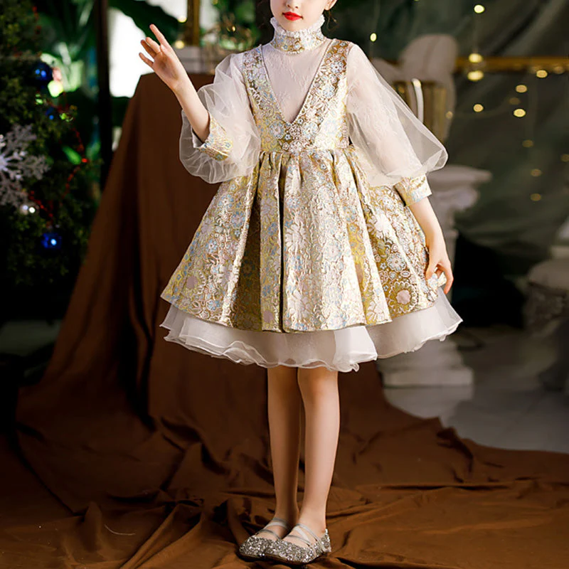 Flower Girl Dress Toddler Communion Retro Flower Puffy Princess Birthday Party Dress - Image 3