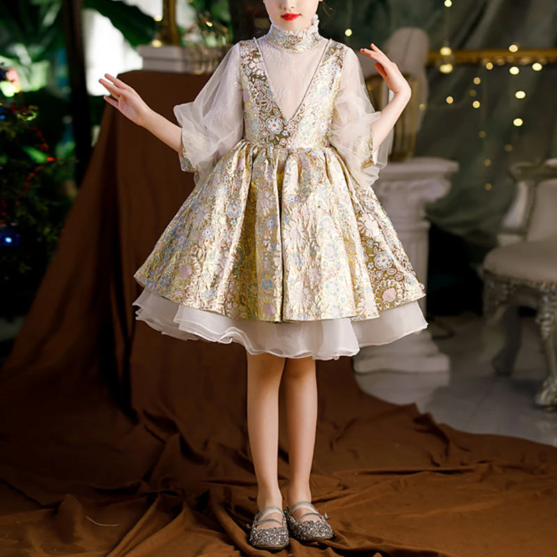Flower Girl Dress Toddler Communion Retro Flower Puffy Princess Birthday Party Dress - Image 6