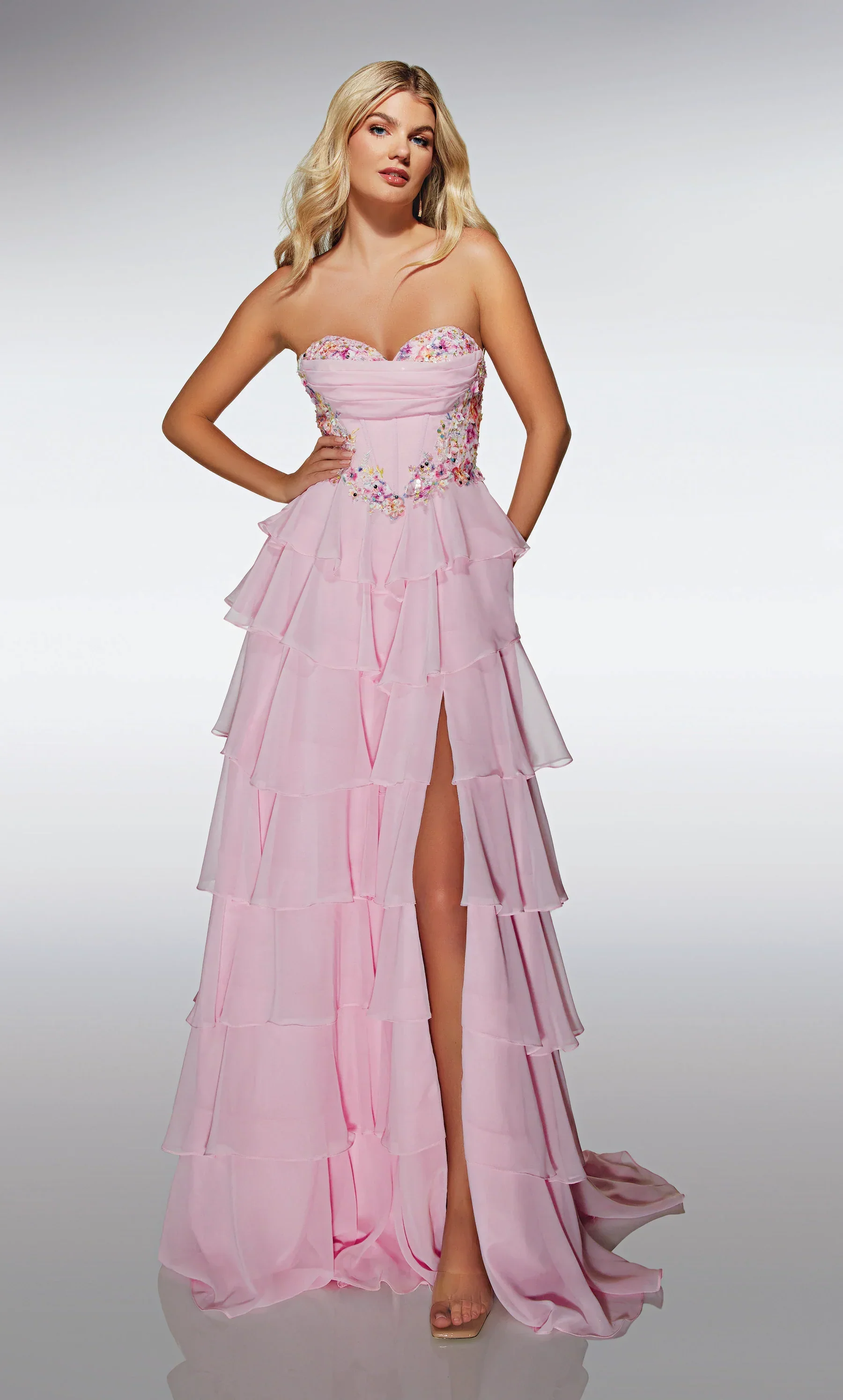 Romantic Blush Pink Strapless A-Line Gown with Floral Embellishments and Tiered Chiffon Skirt: Prom Dress