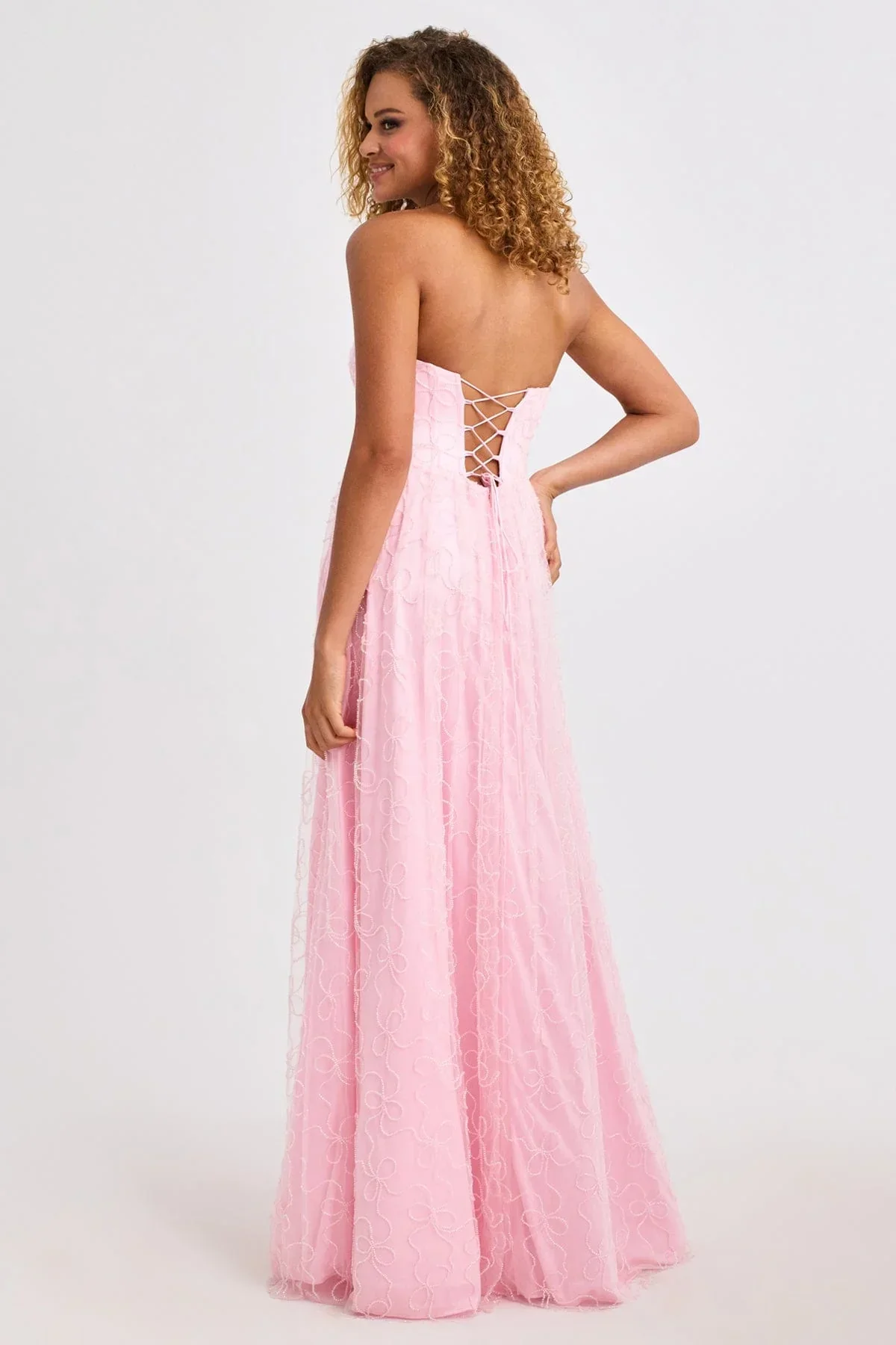 Romantic Blush Pink Strapless A-Line Gown with Swirl Lace Overlay: Prom Dress - Image 4