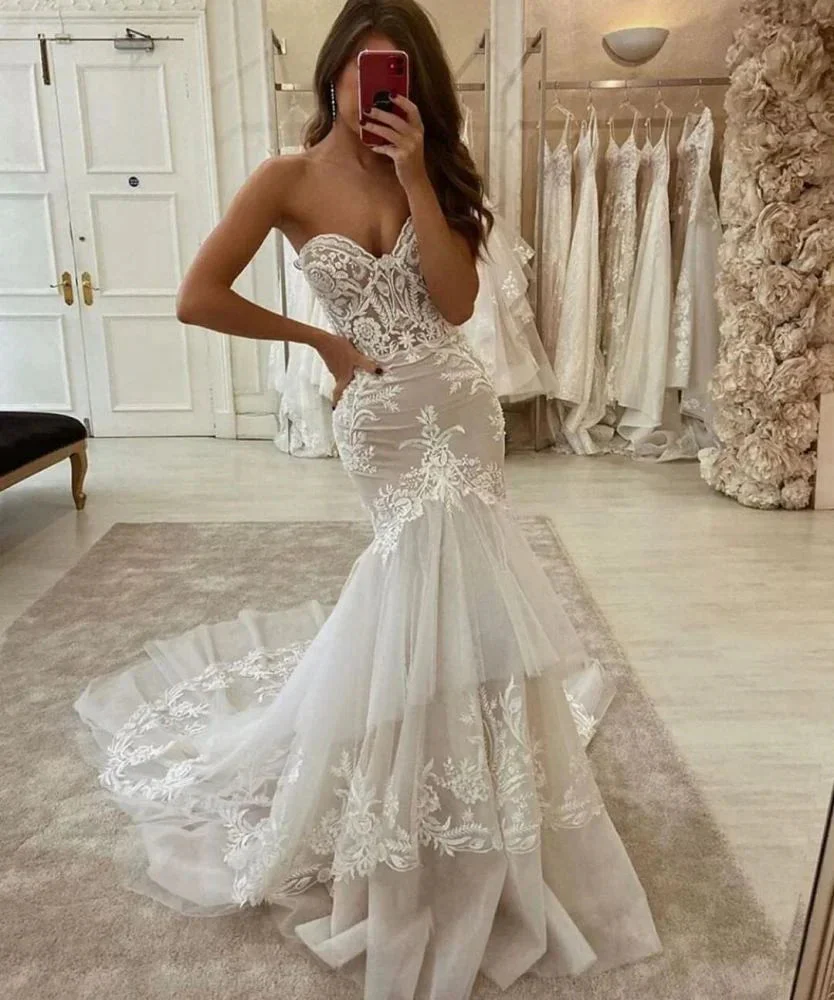 New Arrival Sweetheart Tulle Lace Mermaid Wedding Dress Two layer Trailing - Image 2