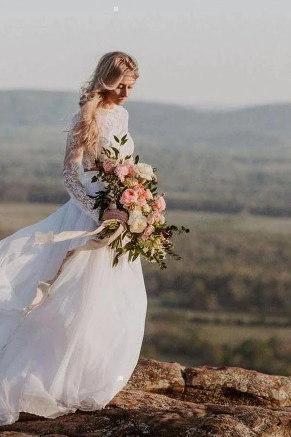 Romantic Ivory Chiffon Two Piece Long Sleeves Wedding Dresses with Lace - Image 3