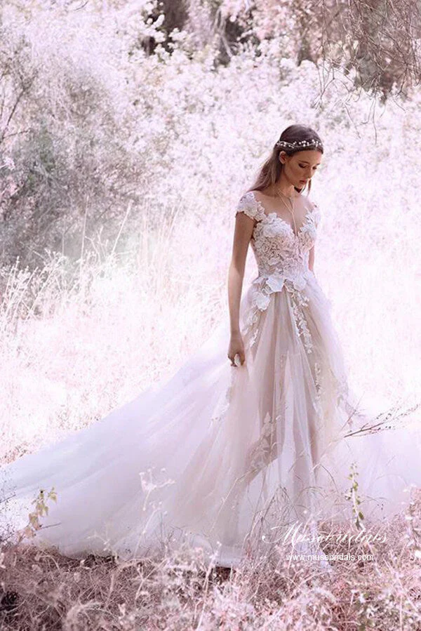Romantic Tulle Ivory A-line Cap Sleeves Wedding Dresses, Bridal Gown