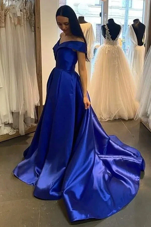 Royal Blue A-line Off Shoulder Prom Dresses, Evening Dresses With Train, MP725 - Image 3