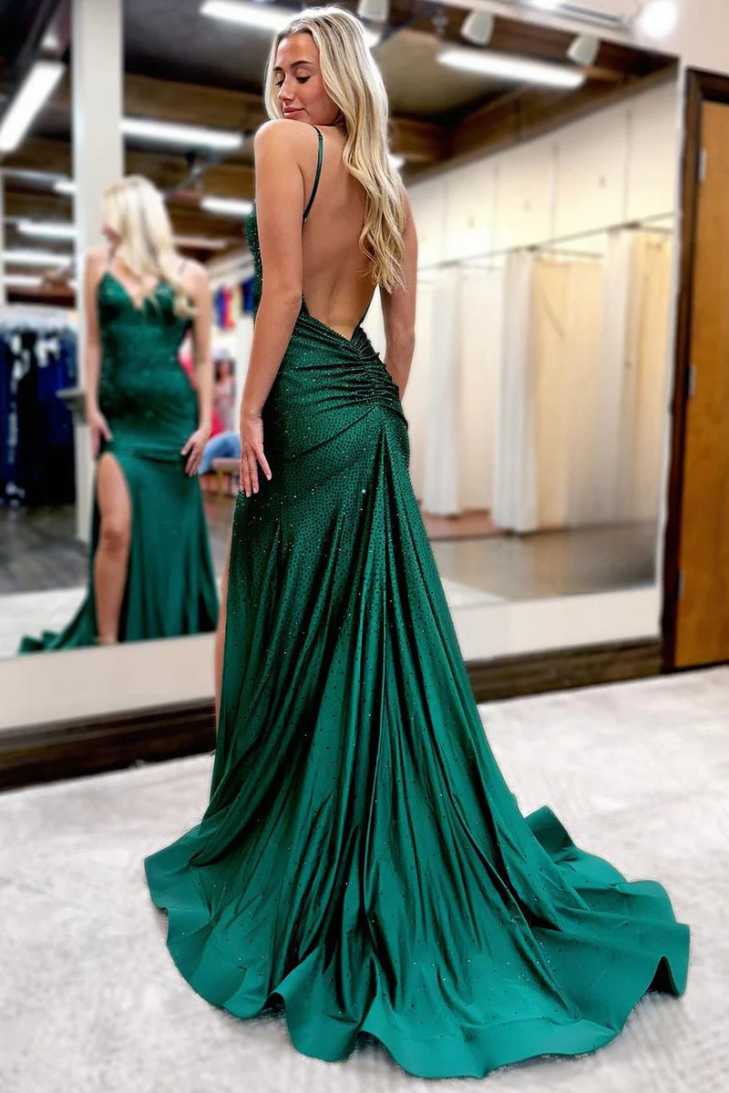 Beaded V Neck Mermaid Long Prom Dresses with Slit - Image 4