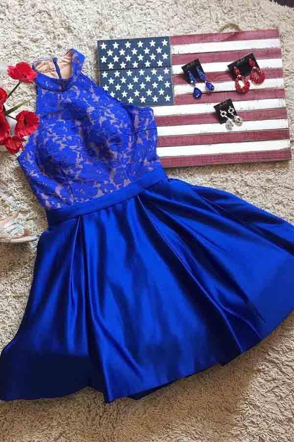 Royal Blue Halter Satin Short Prom Dresses Homecoming Dresses PD161 - Image 2