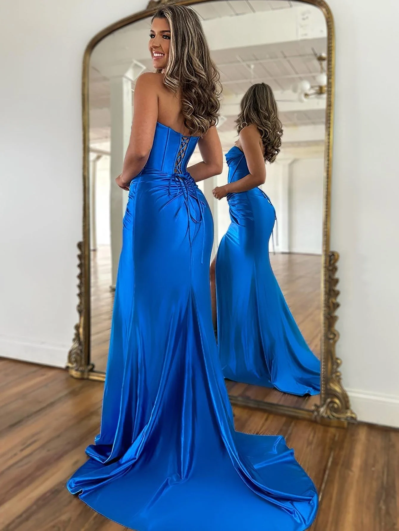 Mermaid Strapless Satin Long Prom Dress With Slit - Image 2