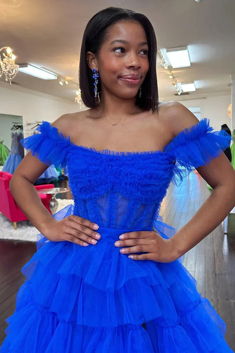 Off the Shoulder Ruffle Tiered Tulle Long Prom Dresses with Slit - Image 4